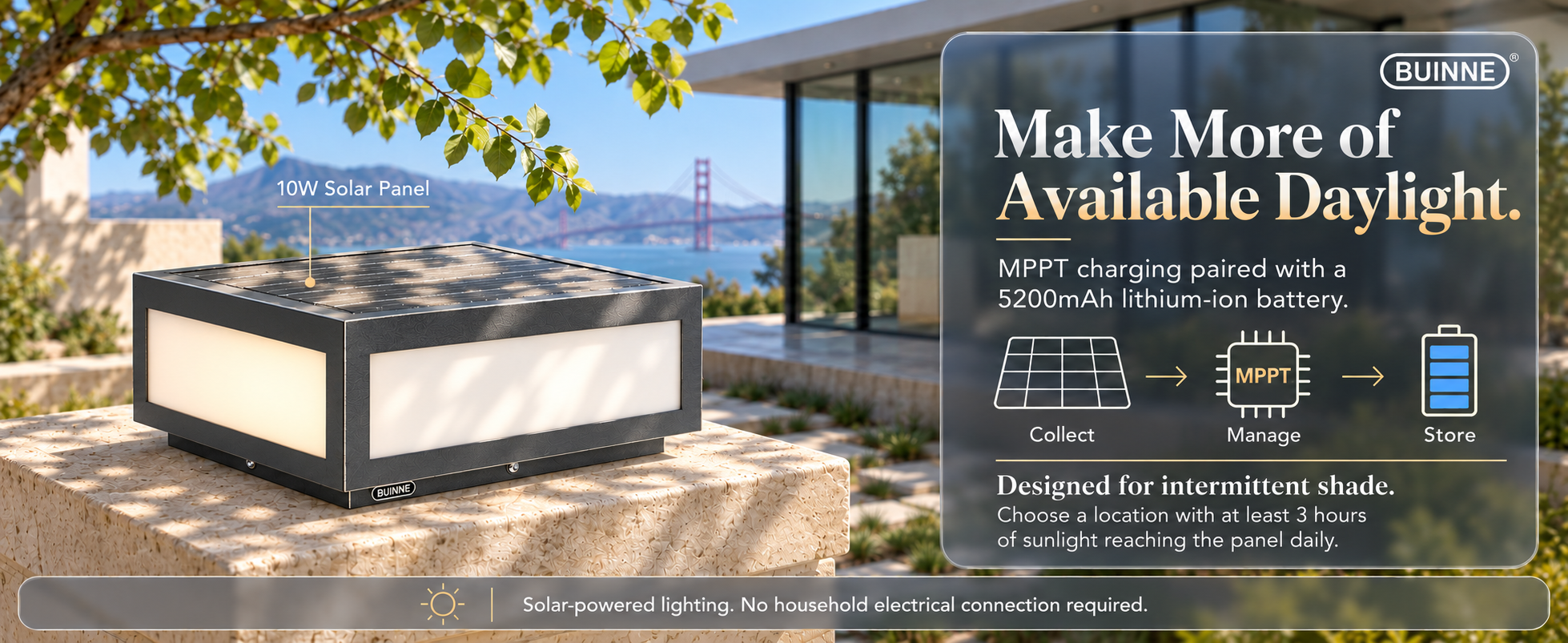 BUINNE pillar light with sunlight reaching its solar panel