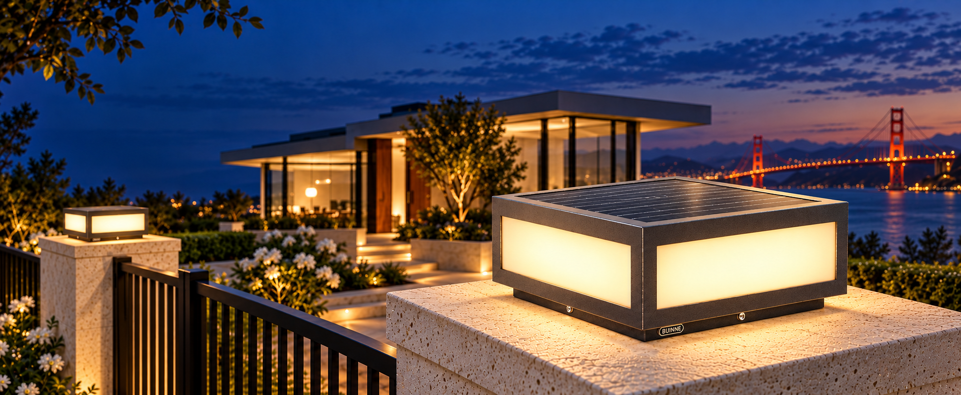 Illustration of BUINNE solar pillar lights at a modern villa entrance at dusk